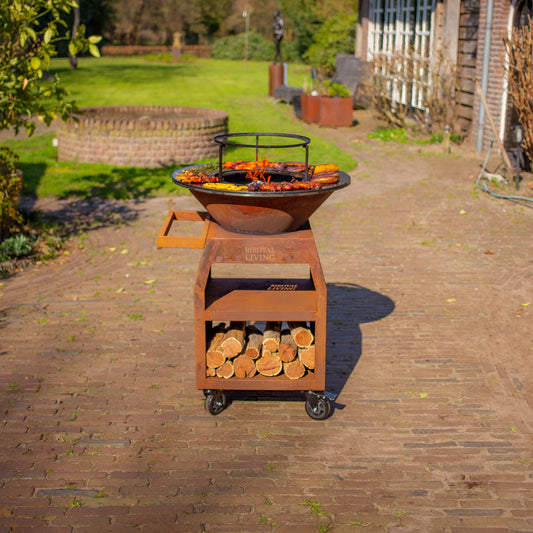 BBQ Plancha Grill Maestro Ø70cm Acier Corten - Avec grandes roues et compartiment à bois