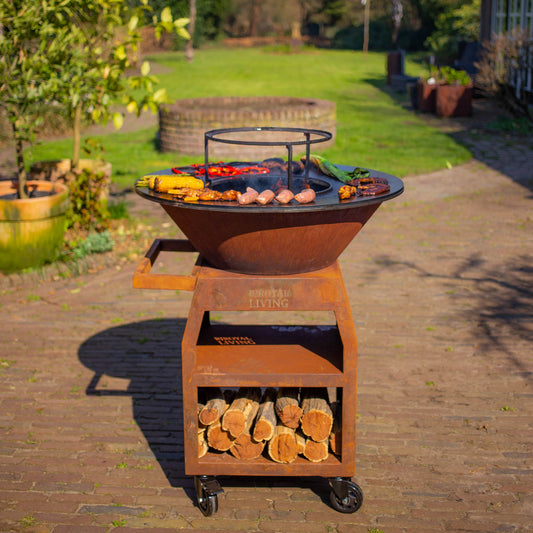 Barbecue Plancha Grill Maestro XXL Ø80cm Acier Corten - Avec tisonnier et rangement pour le bois