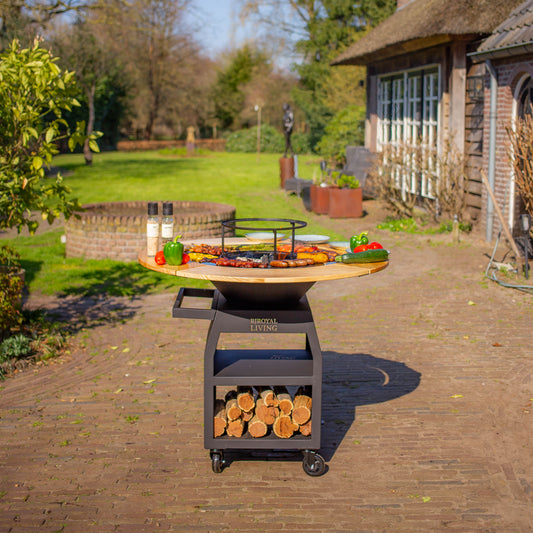 BBQ Plancha Grill Maestro Ø70cm Blackline – Avec entourage en bois Plancha Mesa