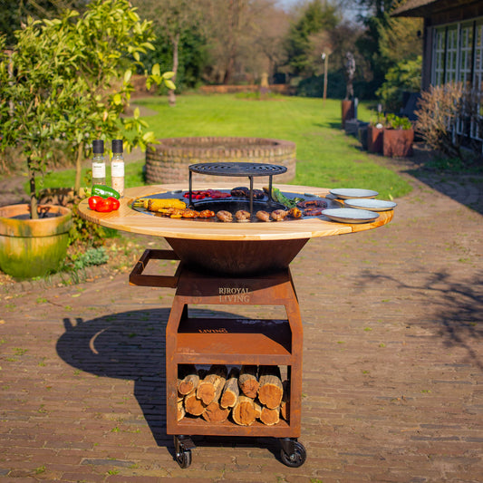BBQ Plancha Grill Maestro XXL Ø80cm en acier corten – Avec entourage en bois Mesa