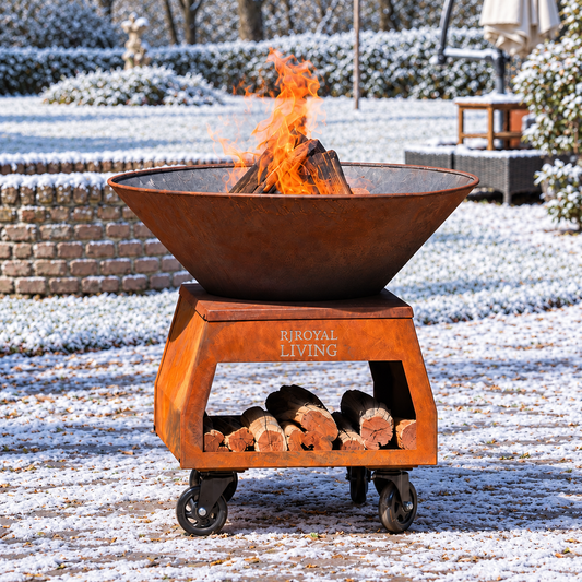 Barbecue Plancha Grill Brasero Brasero en acier Corten avec grandes roues et rangement pour le bois Ø75cm — ambiance hivernale