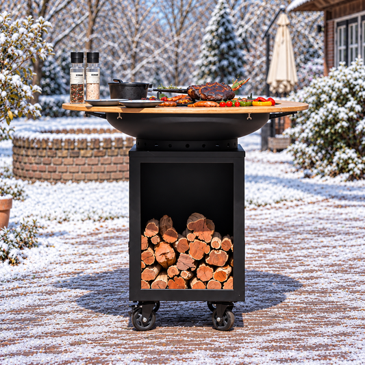BBQ Plancha Grill Hermano XXL Blackline - Ø80cm 8mm Avec entourage en bois Mesa — ambiance hivernale