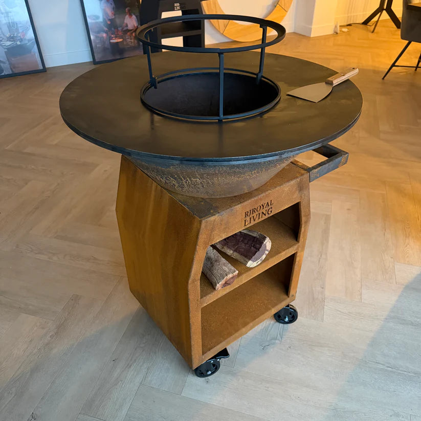 Barbecue Plancha Grill Maestro XXL Ø80cm Acier Corten - Avec tisonnier et rangement pour le bois