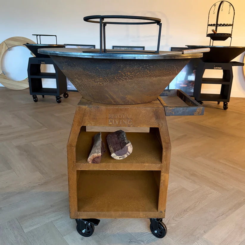 Barbecue Plancha Grill Maestro XXL Ø80cm Acier Corten - Avec tisonnier et rangement pour le bois