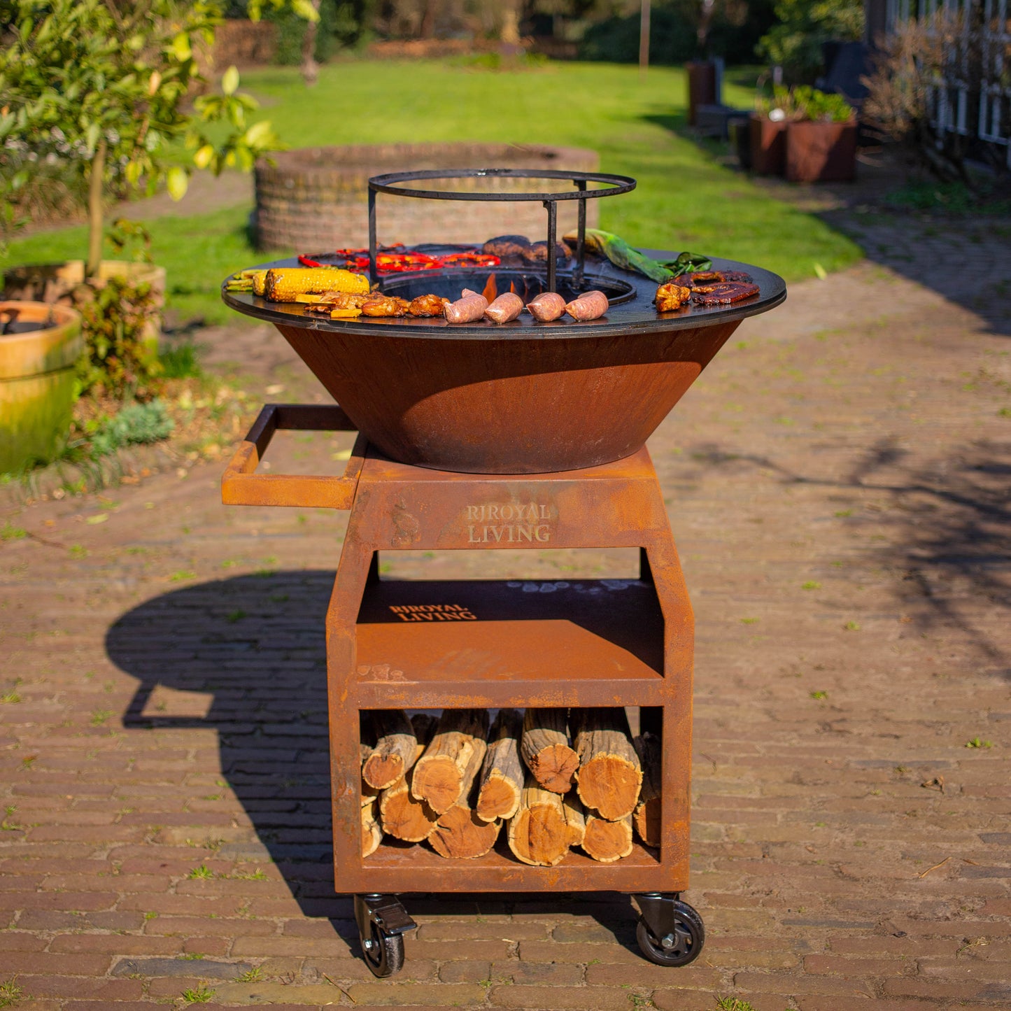 Barbecue Plancha Grill Maestro XXL Ø80cm Acier Corten - Avec tisonnier et rangement pour le bois