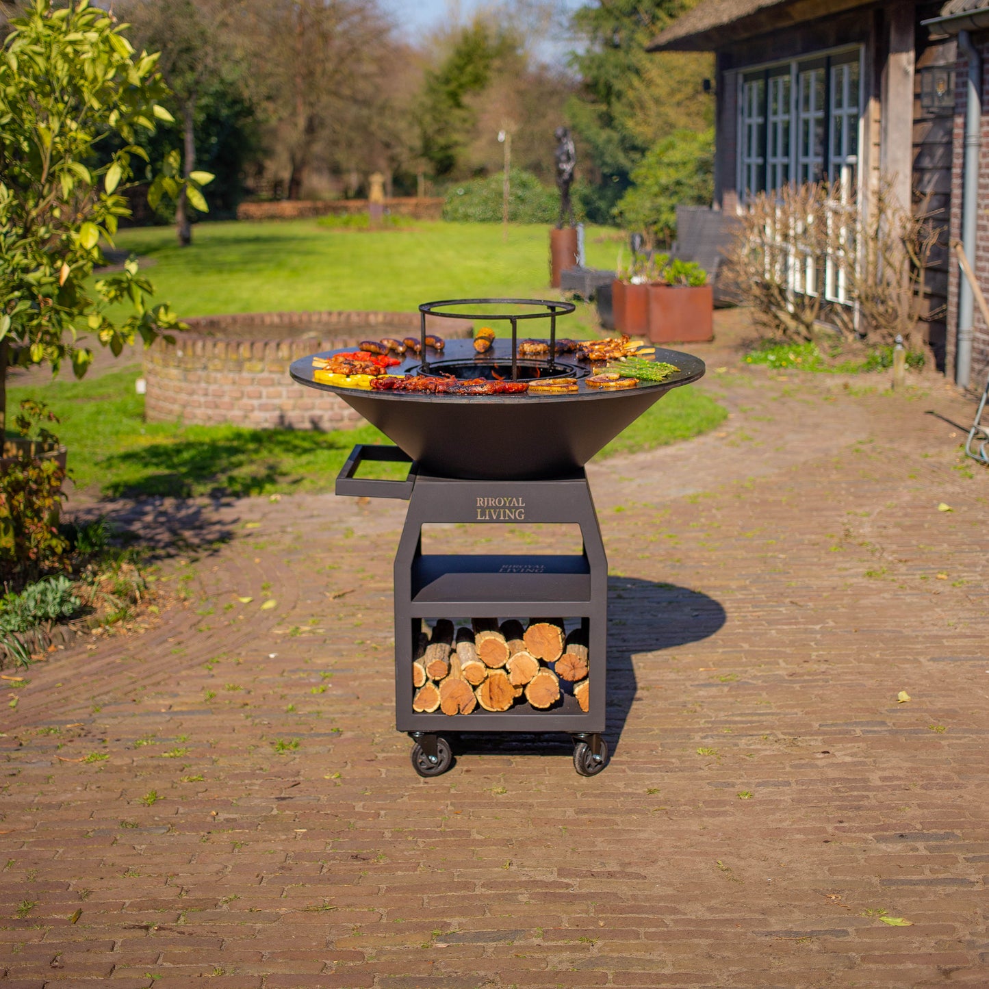 BBQ Plancha Grill Maestro XXXL Ø100cm Blackline - Avec grandes roues et rangement pour le bois