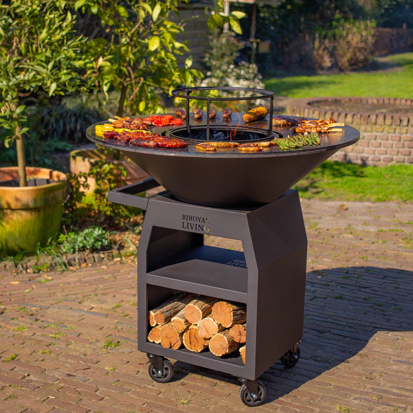 BBQ Plancha Grill Maestro XXXL Ø100cm Blackline - Avec grandes roues et rangement pour le bois
