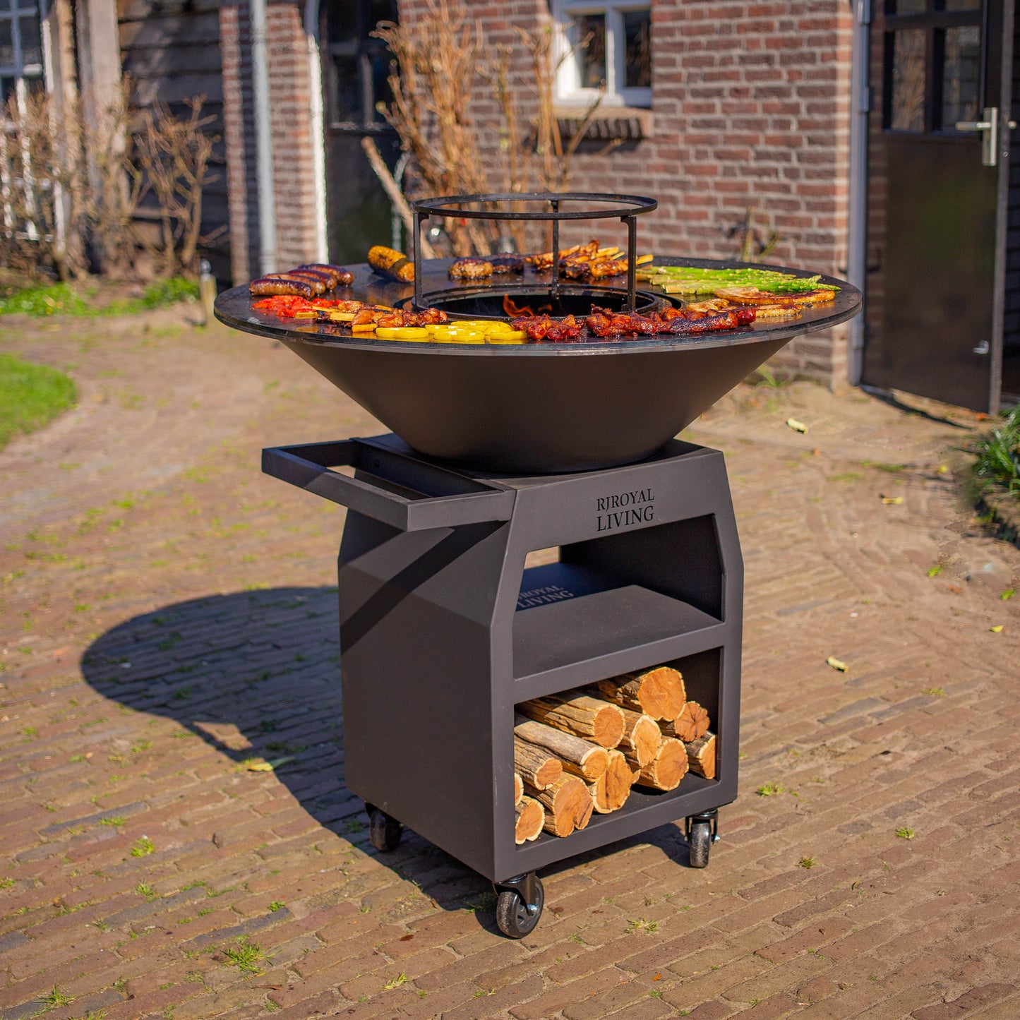 BBQ Plancha Grill Maestro XXXL Ø100cm Blackline - Avec grandes roues et rangement pour le bois