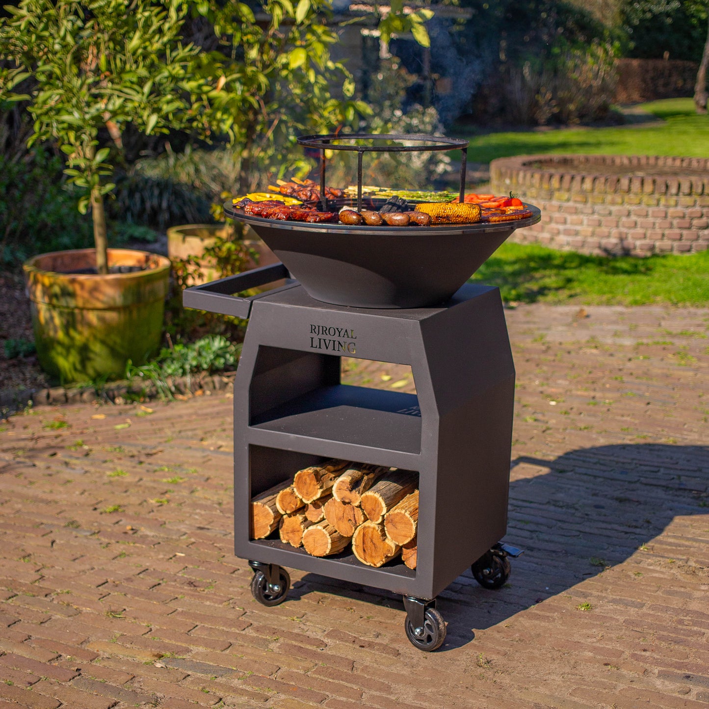 BBQ Plancha Grill Maestro Ø70cm Blackline - Avec grandes roues et compartiment à bois