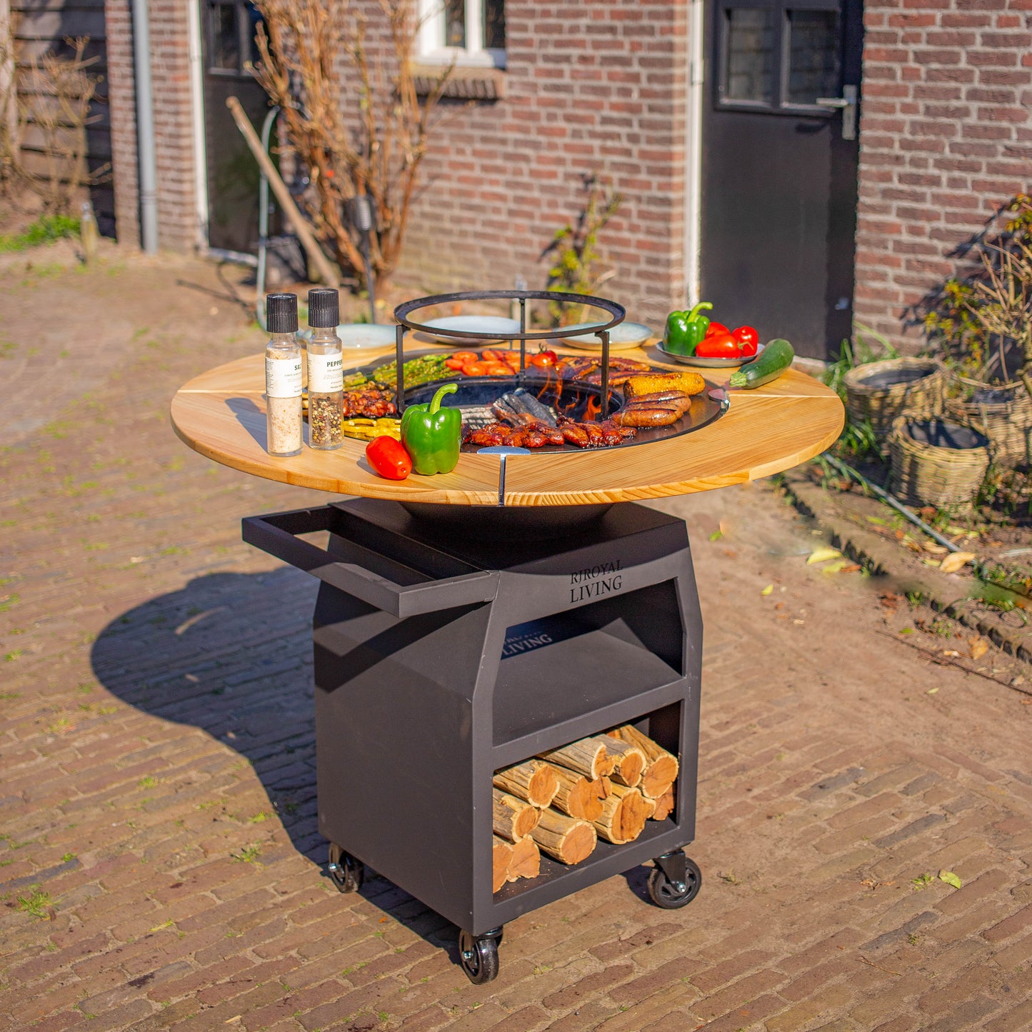 BBQ Plancha Grill Maestro Ø70cm Blackline – Avec entourage en bois Plancha Mesa