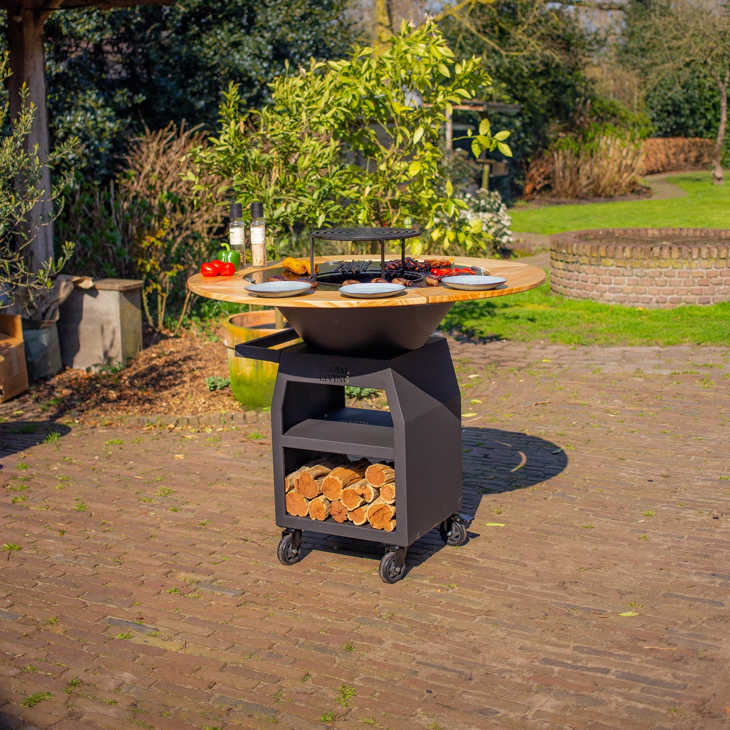 BBQ Plancha Grill Maestro XXL Ø80cm Blackline – Avec entourage en bois Mesa
