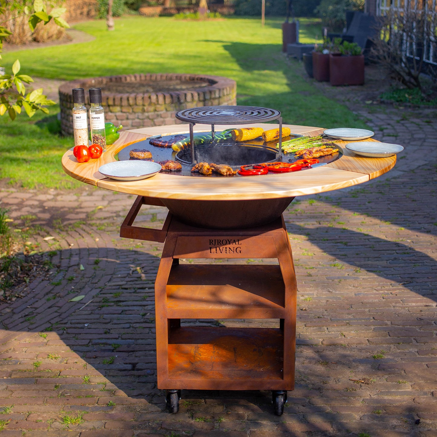 BBQ Plancha Grill Maestro Smokeless XXL Ø80cm en acier corten – Plancha sans fumée avec entourage en bois Mesa