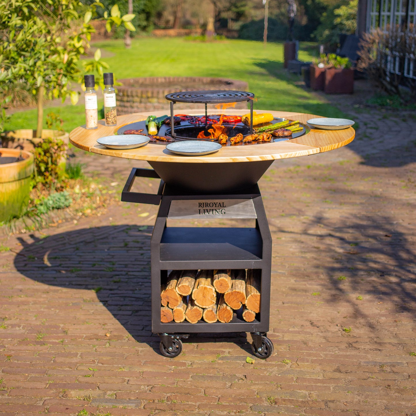 BBQ Plancha Grill Maestro Smokeless XXL Ø80cm Blackline – Plancha sans fumée avec entourage en bois Mesa