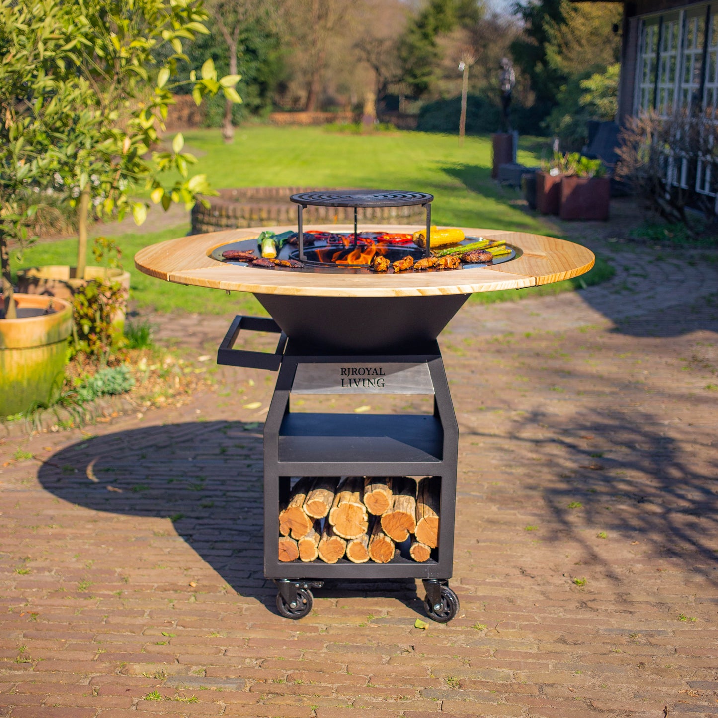 BBQ Plancha Grill Maestro Smokeless XXL Ø80cm Blackline – Plancha sans fumée avec entourage en bois Mesa