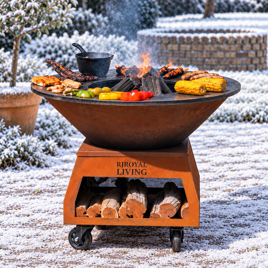 Barbecue Plancha Grill Brasero en acier Corten avec grandes roues, rangement pour le bois et plaque de cuisson Ø80cm — ambiance hivernale