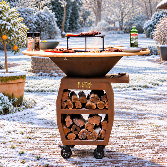 BBQ Plancha Grill Compañero XXL Acier Corten 2.0 - Avec entourage en bois Mesa — ambiance hivernale