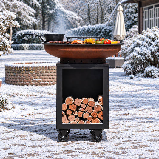 BBQ Plancha Grill Hermano XXL Acier Corten Blackline - Avec tisonnier et rangement pour le bois Ø80cm 8mm — ambiance hivernale